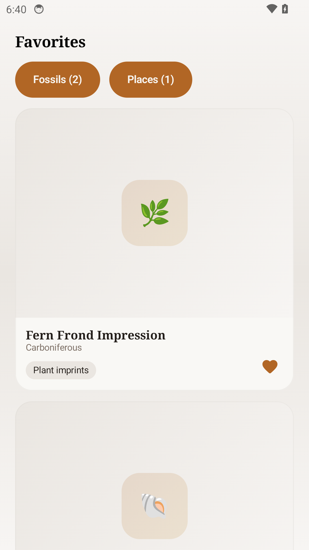 Fossil Catalog favorites screen